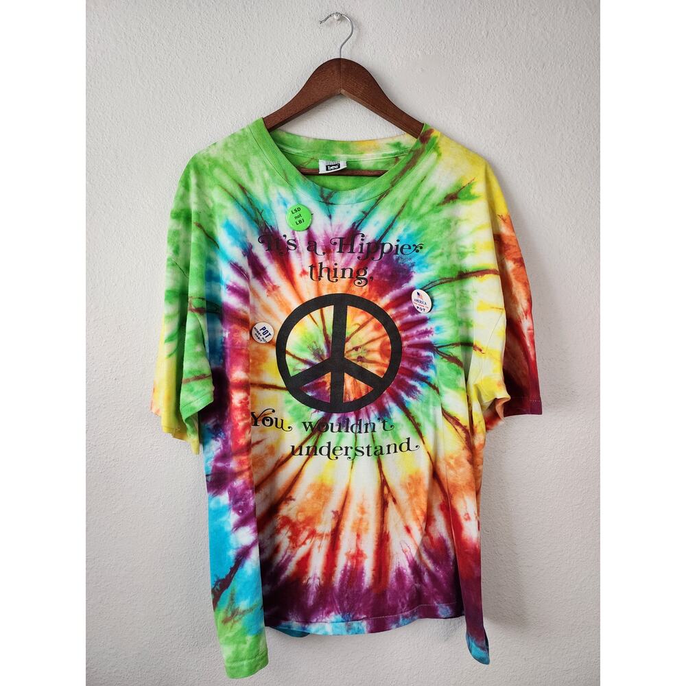 Vintage Tie Dye Hippie Shirt Lee XXL Peace Sign Graphic Psychedelic Tee 90s USA